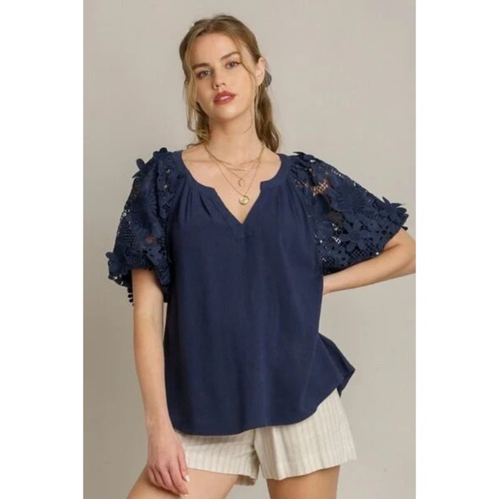 Umgee Women French Terry Boxy  Top‎ Floral Sleeves Sz M Navy Boho Linen Blend